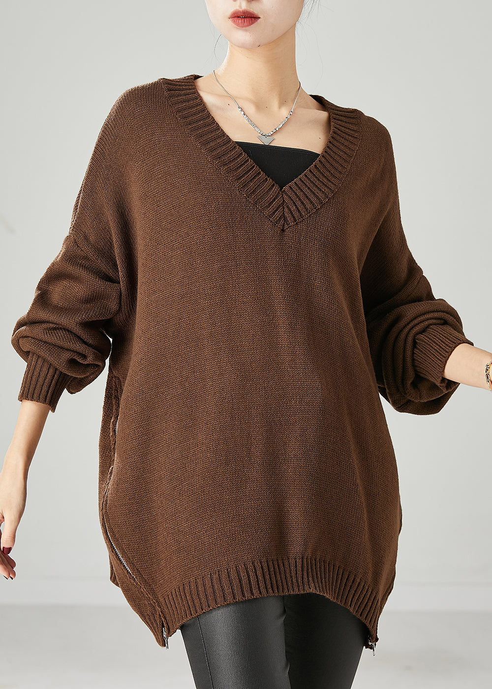 VCSHOES Brown V Neck Zippered Knit Sweater Tops Spring