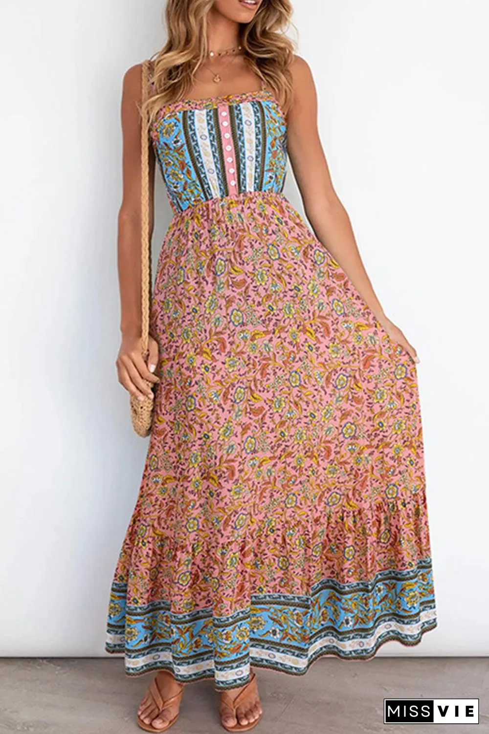 Fashion Elegant Print Split Joint Spaghetti Strap A Line Dresses