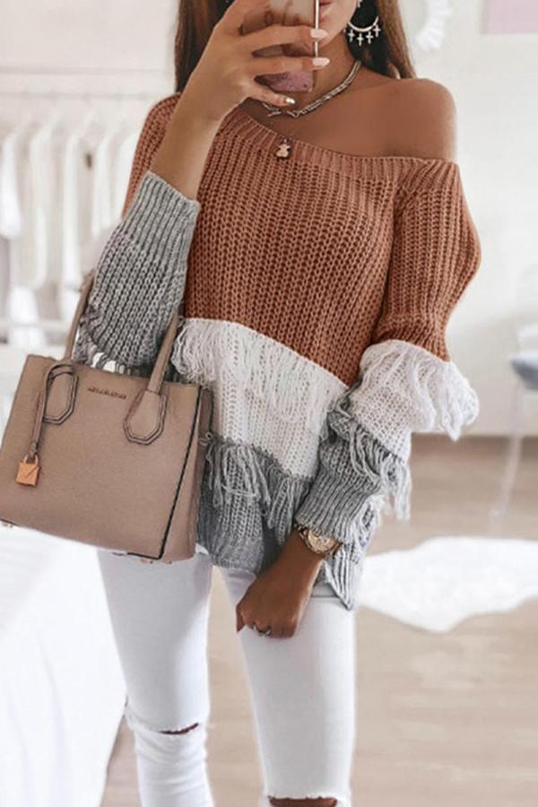 Color Block Tassels Skew Shoulder Sweater