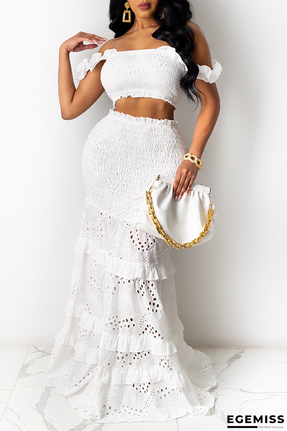 White Sexy Solid Hollowed Out Off the Shoulder Short Sleeve Two Pieces | EGEMISS