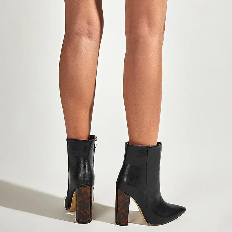 2021 European and American Fashion Black Stitching Thick Heel Pointed Short Boots Women's Sexy Mature Party Model High Heels