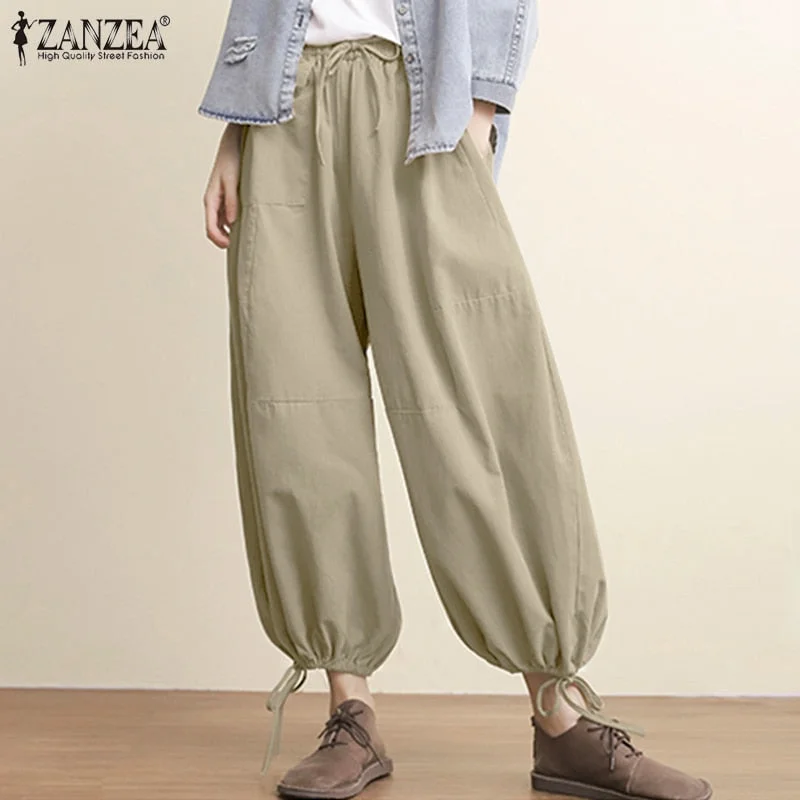 2022 Summer ZANZEA Vintage Women Cotton Linen Pants Wide Leg Pants Drawstring Casual Solid Oversized Lady Elastic Waist Bottoms