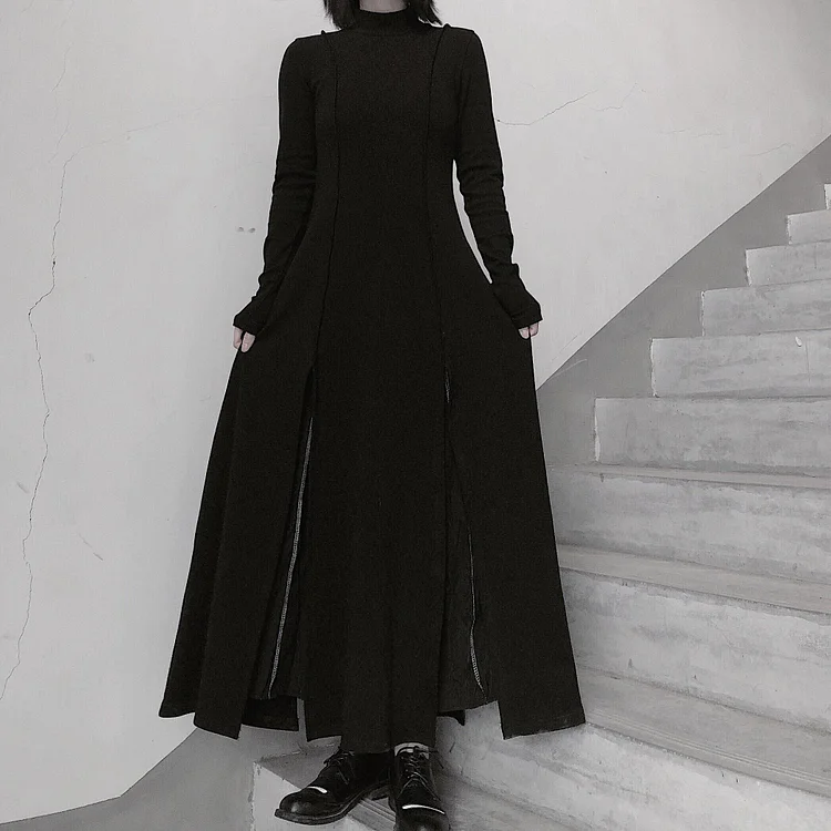 Chic High Neck Asymmetric Dress Runway Black Art Dress