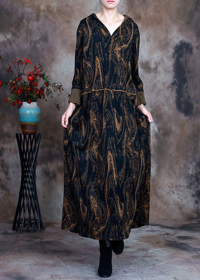 Plus Size Coffee Hooded Print Woolen Party Dress Spring