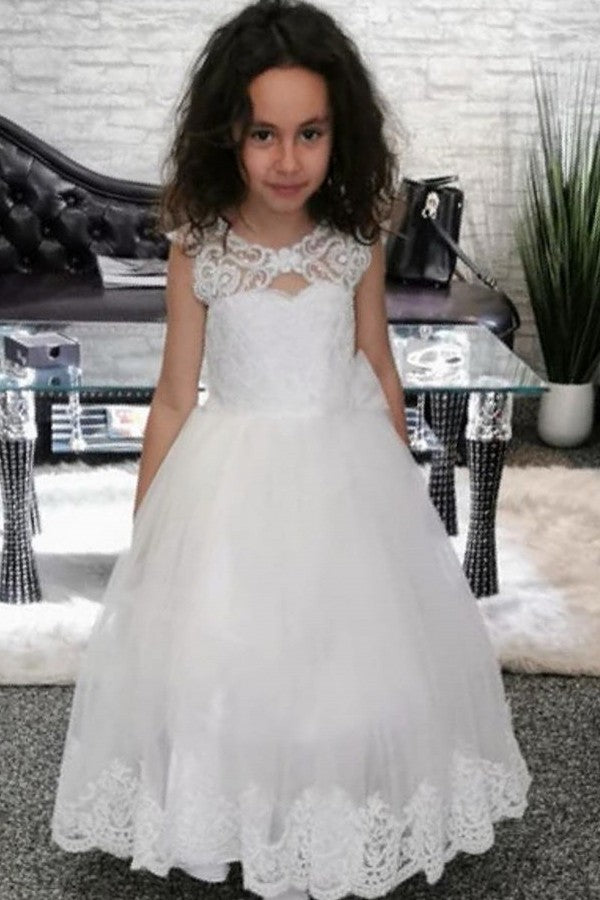 Oknass A-line Bateau Jewel  Flower Girl Dress Lace with Lace Pearls  Appliques