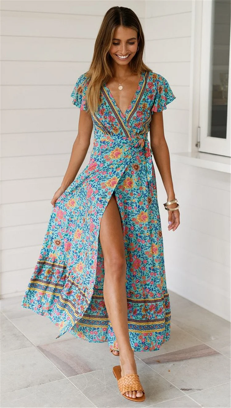 Bouquet Waist Belt Split Print Long Dress （Blue）