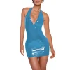 Plus Size Women Beach Party Vocation Halter Dress PVC Leather Deep V-neck Sleeveless Stretch Mini Dress Sexy Wrap Hips  Attire