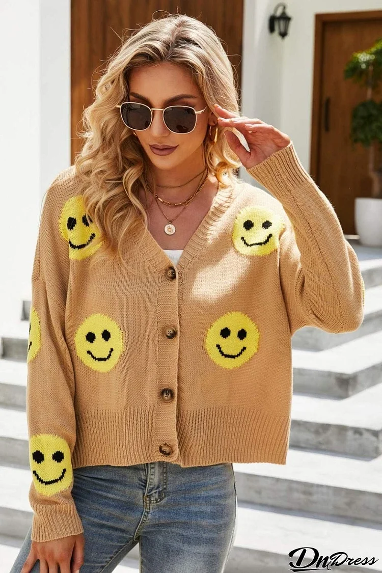 Smiley Face Ribbed Trim V-Neck Cardigan