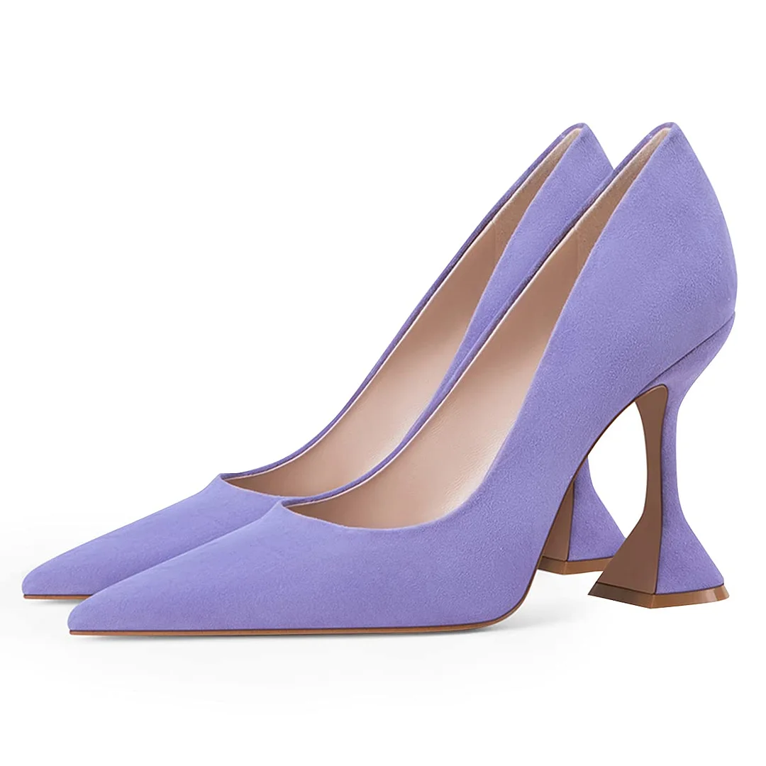YDN Classic Purple Vegan Suede Flared Heel Pointed Toe Pumps Shoes