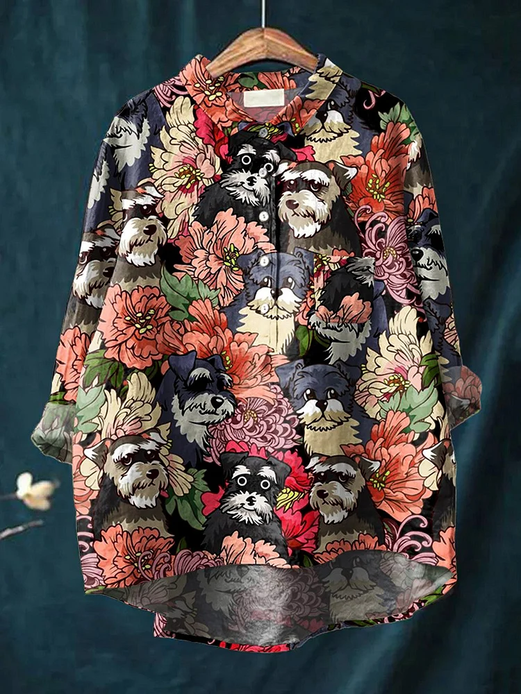 Women's Dog  Flower  Art Print Casual Cotton And Linen Shirt