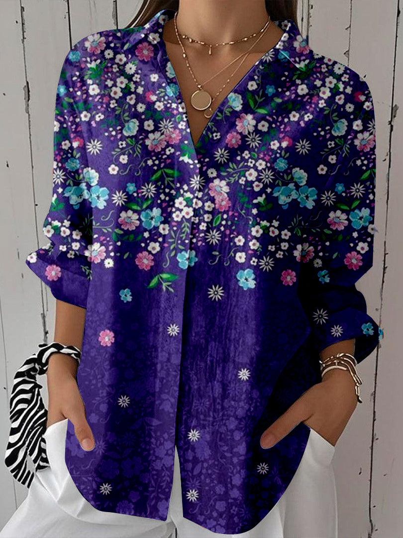 Women Long Sleeve V-neck Graphic Floral Printed Top