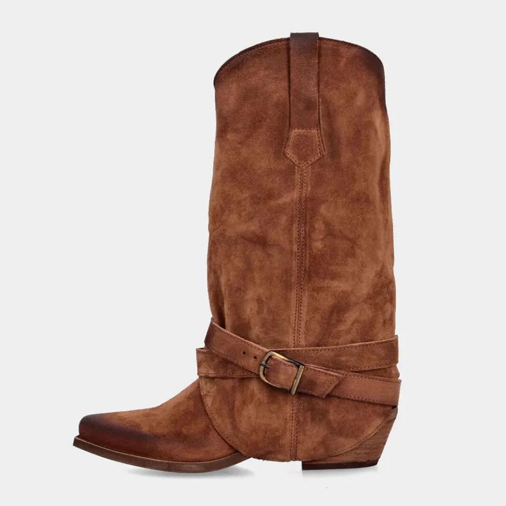 Distressed Brown Block Heel Fold Over Buckled Western Boots for Women 