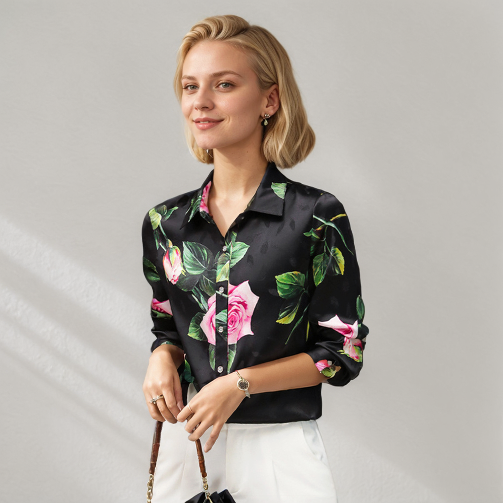 Black Print Silk Blouse Womens Long Sleeves REAL SILK LIFE