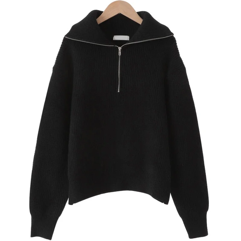 Women Pullover Korean Style Solid Polo Knitted Sweater Zipper Turndown Collar Jumper Loose Female Long Sleeve Pullovers Top 2023