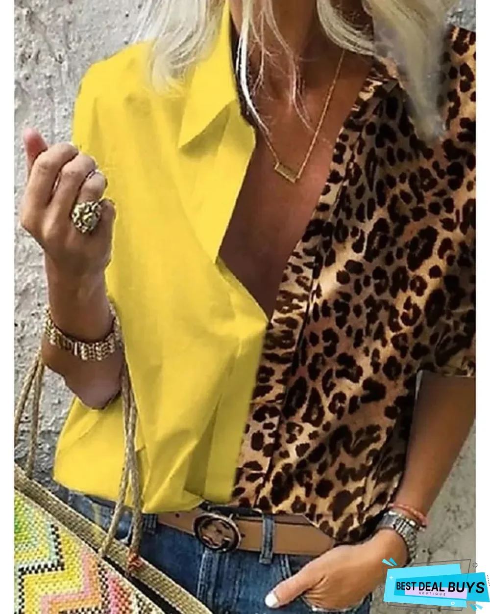 Women's Plus Size Blouse Shirt Leopard Color Block Sexy Long Sleeve Shirt Collar Tops Loose Basic Top White Blue Red-825