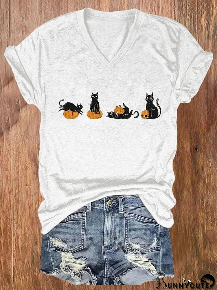 Women's Halloween Pumpkin And Cats Printe Casual T-Shirt