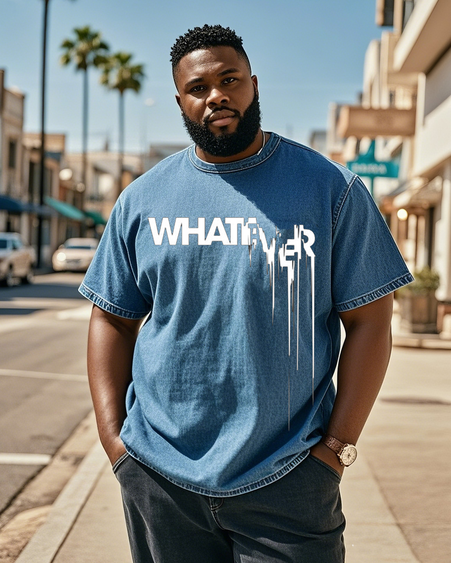 Plus Size Men's WHATEVER Creative Design Printed Denim Short Sleeve T-Shirt