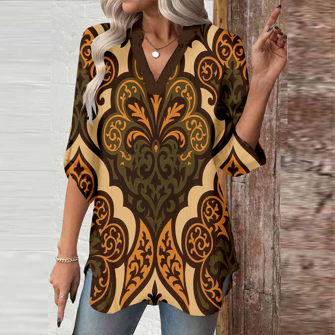 Women Tropical, Brown, Khaki DZGA0164 3/4 Sleeve V-neck Printed Graphic Button Tops