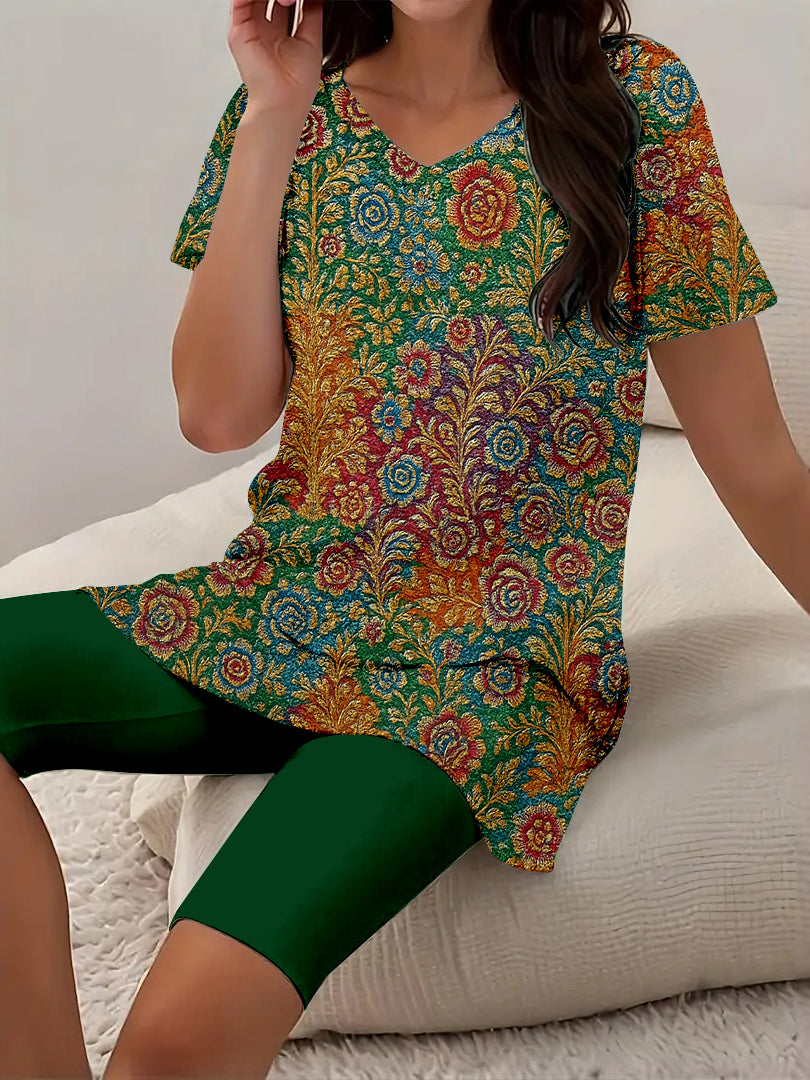 Women Long Sleeve V-neck Graphic Floral Printed Top