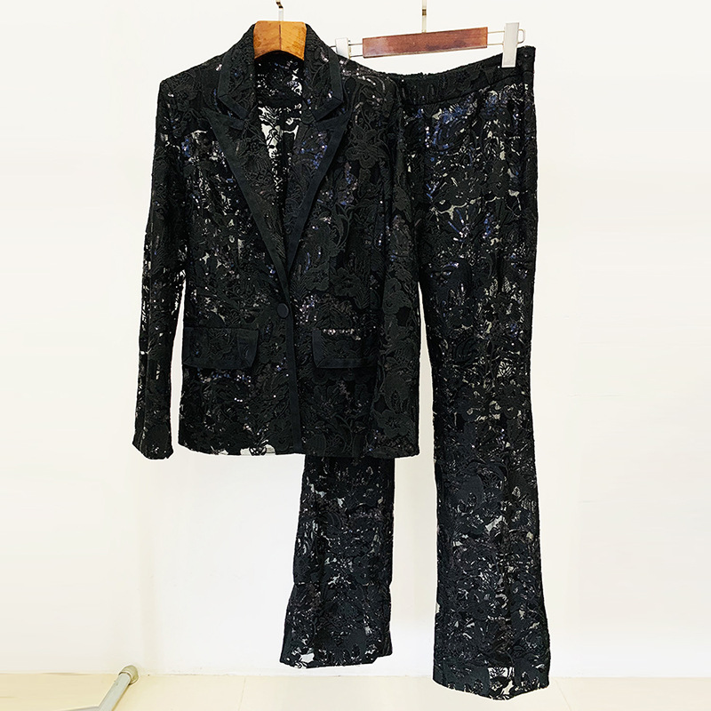 Top Quality Runway Designer 2024 Summer New Mesh Embroidered Lace Sequin Suit Coat And Pants Set Two Pieces Women Pants Suits