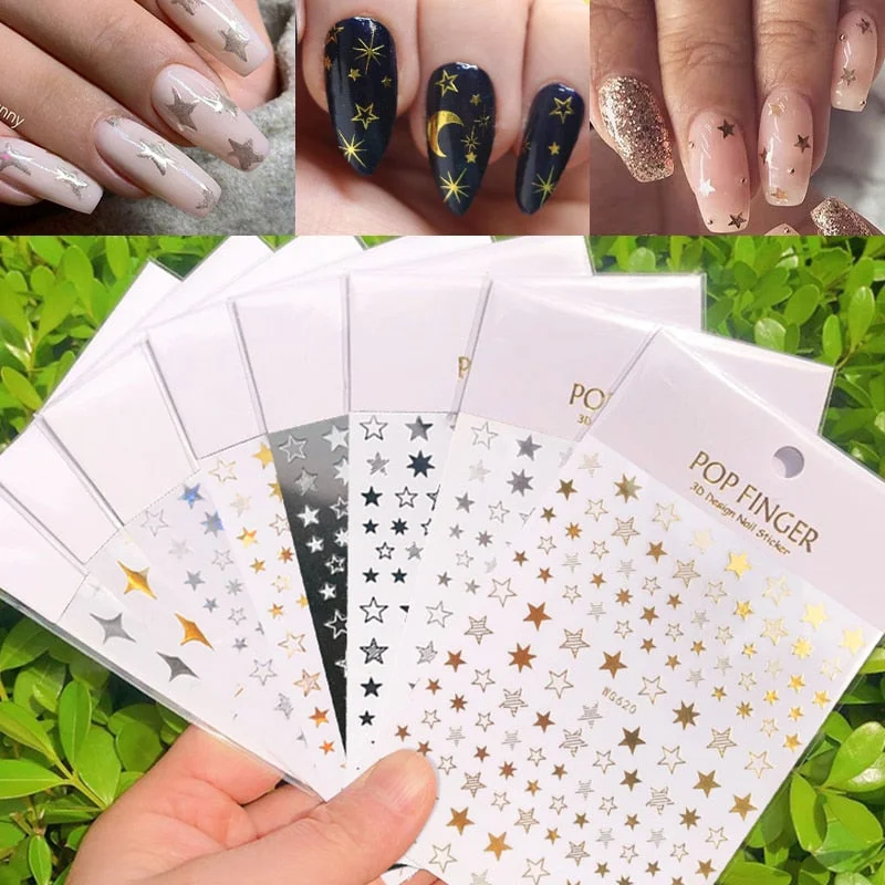 1PC 3D Nail Stickers Black Glitter Silver Star Self-Adhesive Slider Letters Nail Art Decorations Decals Manicure Accessories-Nail Inspo
