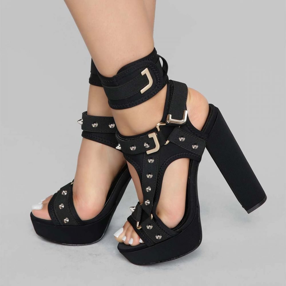 Black Open Toe Pumps Studded Platform Pumps Chunky Heel Ankle Strap Pumps Nicepairs