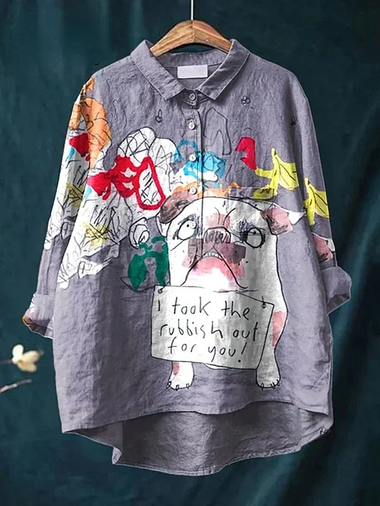Women's Dog  Art Print Casual Cotton And Linen Shirt