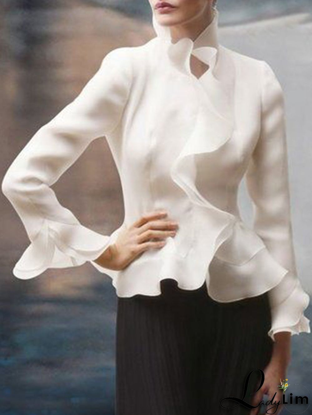 Elegant Plain Mock Neck Long Sleeve Peplum Blouse