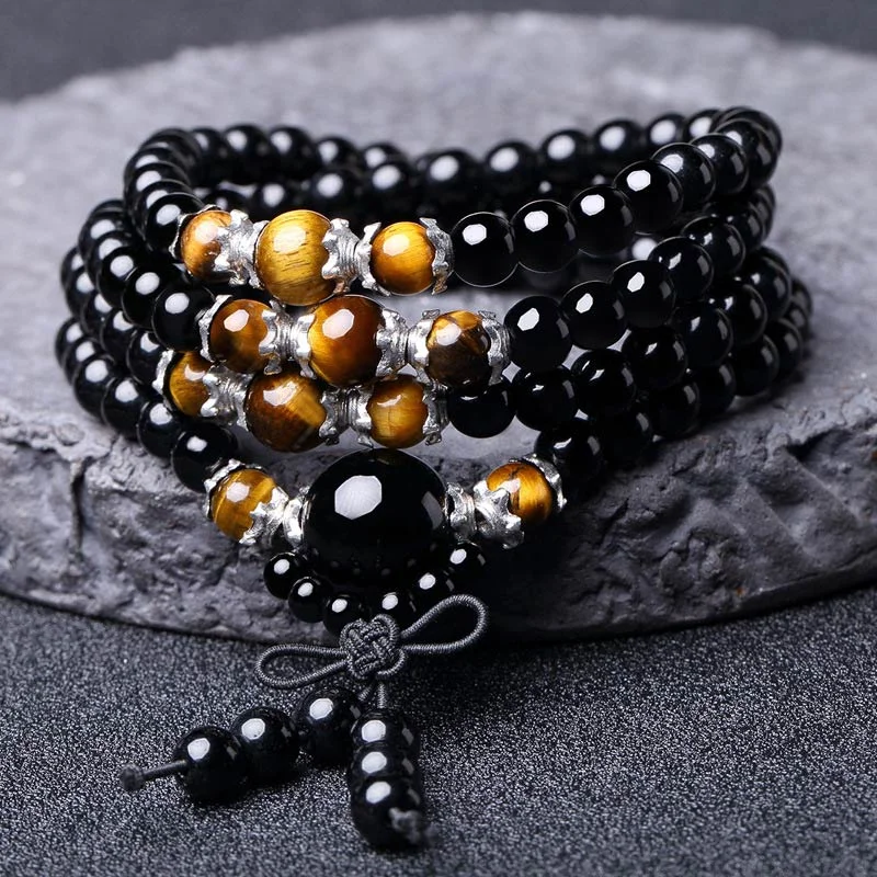 108 Beads Natural Black Obsidian Tiger Eye Mala Necklace Bracelet