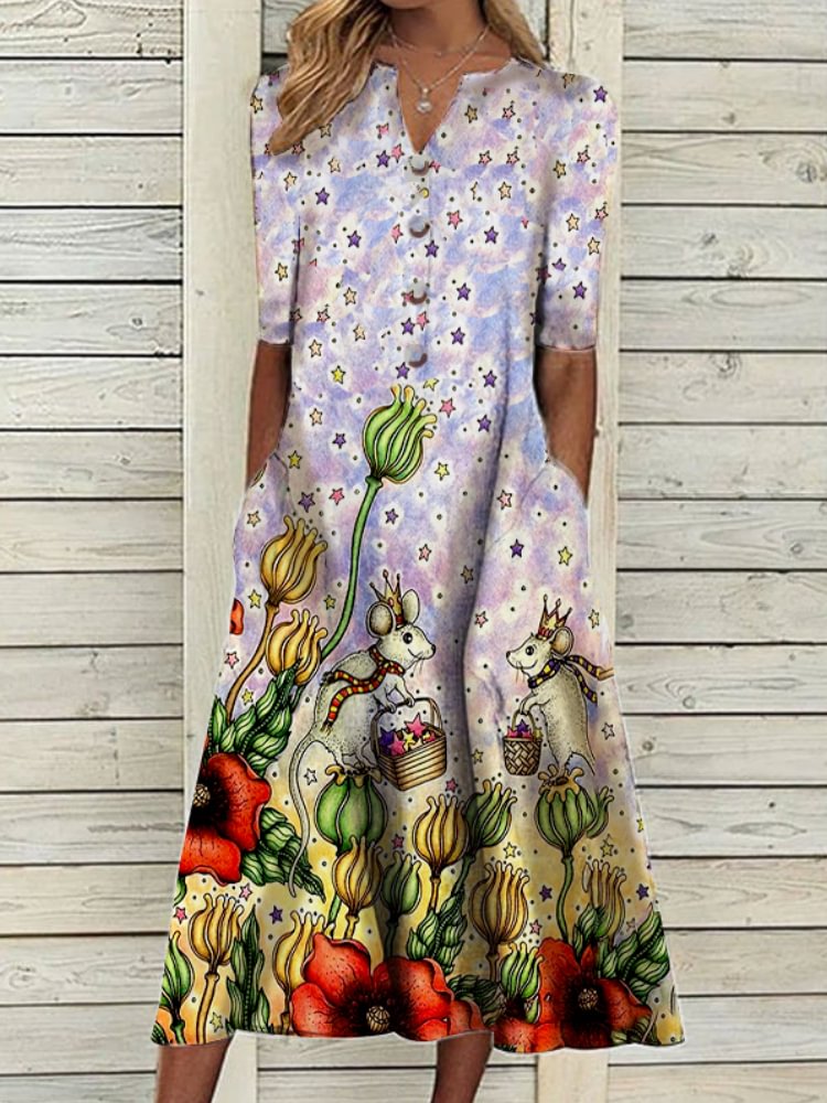 Women's Fashion New V-neck Animal Print Midi Dress