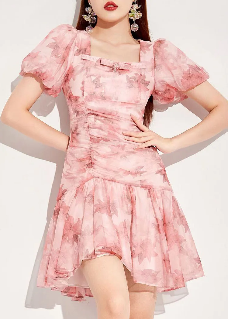 French Pink Square Collar Puff Sleeve Asymmetrical Print Chiffon Dress