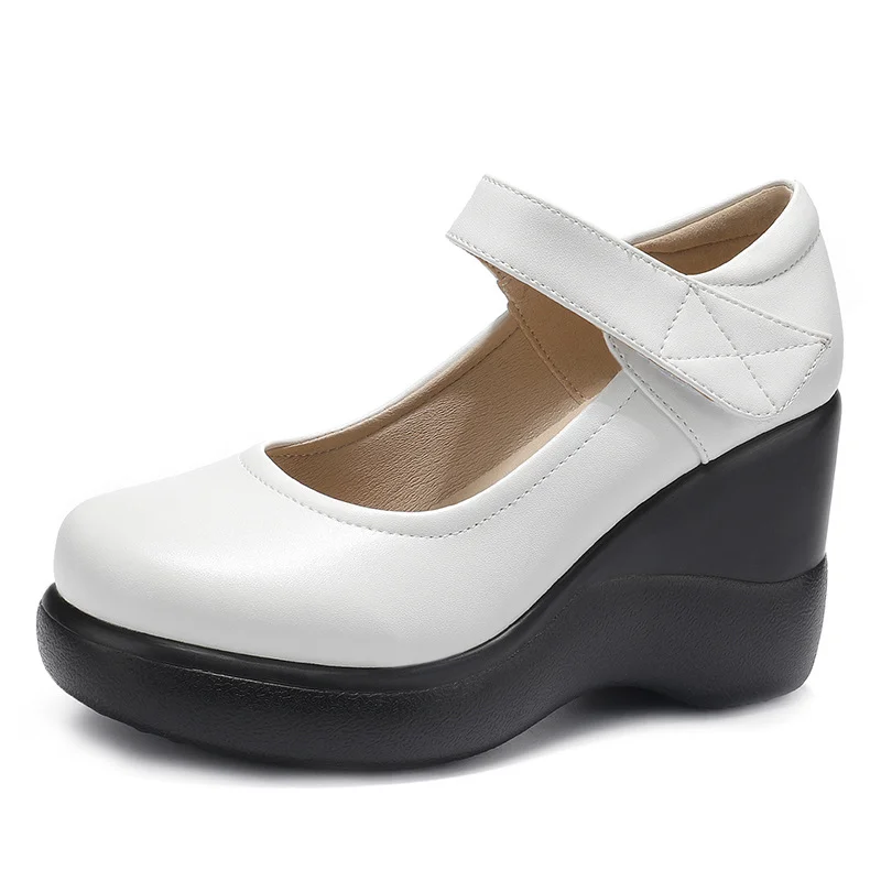 Breakj Breakj And Autumn Women's Shoes Thick Bottom Slope And Shallow Single Shoes High Heels Ladies Leather Shoes Magic Stick Round Head Loose Cake Middle-Naught Mother Shoes