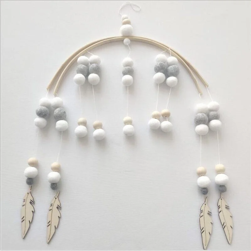 INS Nordic Wooden Beads Wind Chimes with Wool Balls Newborn Baby Bed Hanging Windbell Crib Tent Kids Room Decorations Ornaments