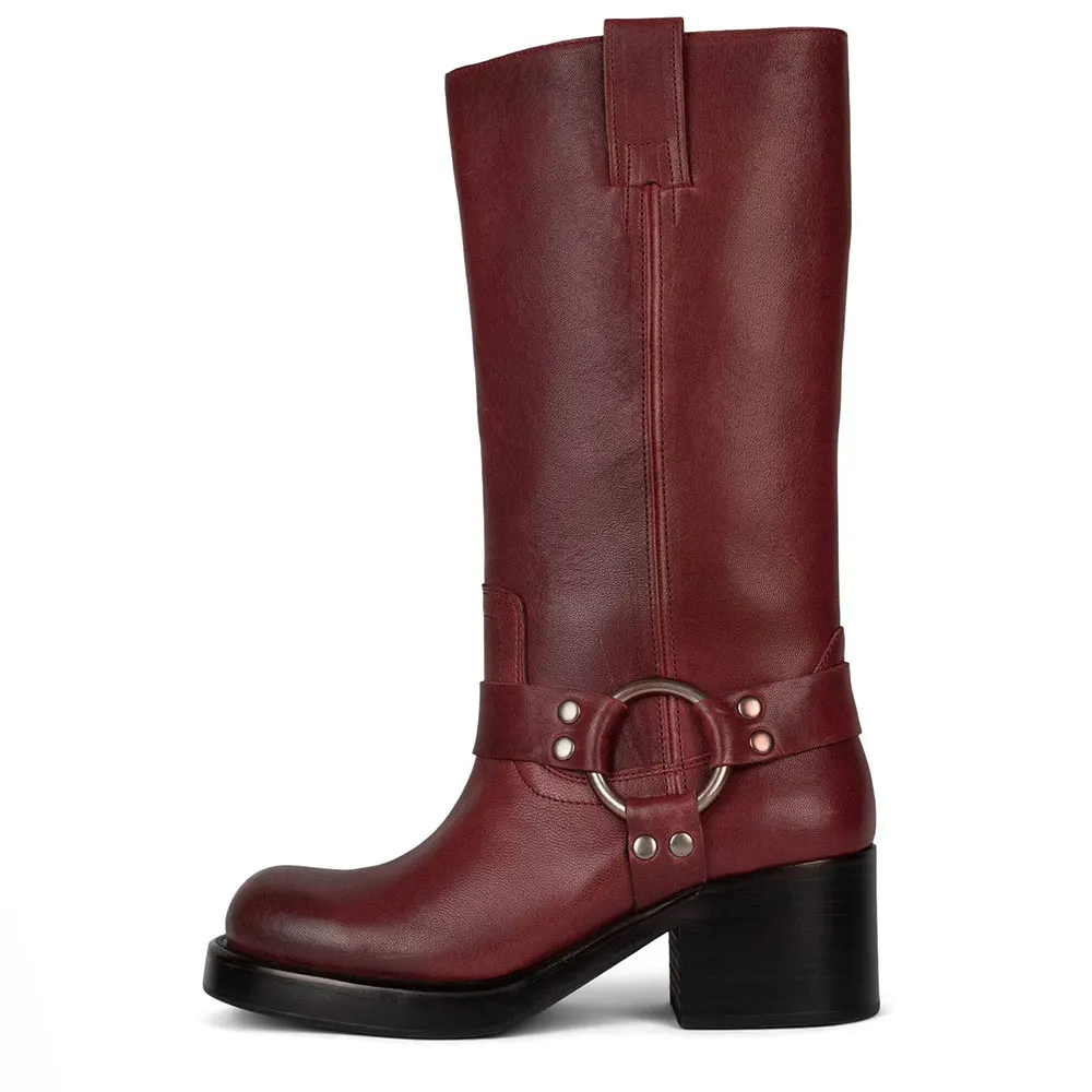 Maroon Hardware Strap Round Toe Block Heel Women's Motorcycle Boots