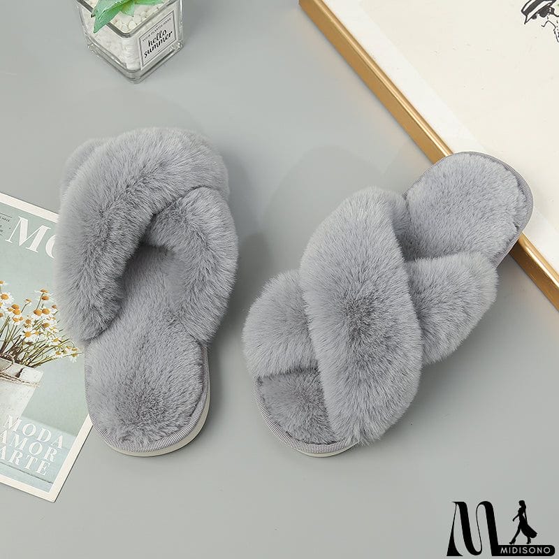 MidiSono - Faux Fur Crisscross Strap Slippers