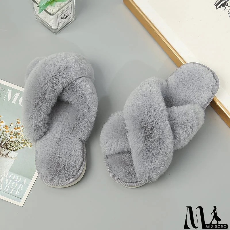 MidiSono - Faux Fur Crisscross Strap Slippers