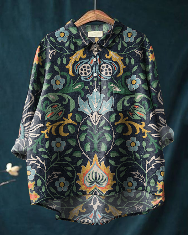 Retro Ethnic Floral Print Casual Cotton and Linen Long-sleeved Shirt