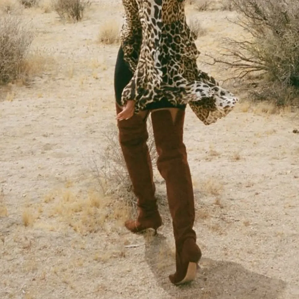 YDN Vegan Suede Kitten Heel Thigh High Slouch Boots in Brown