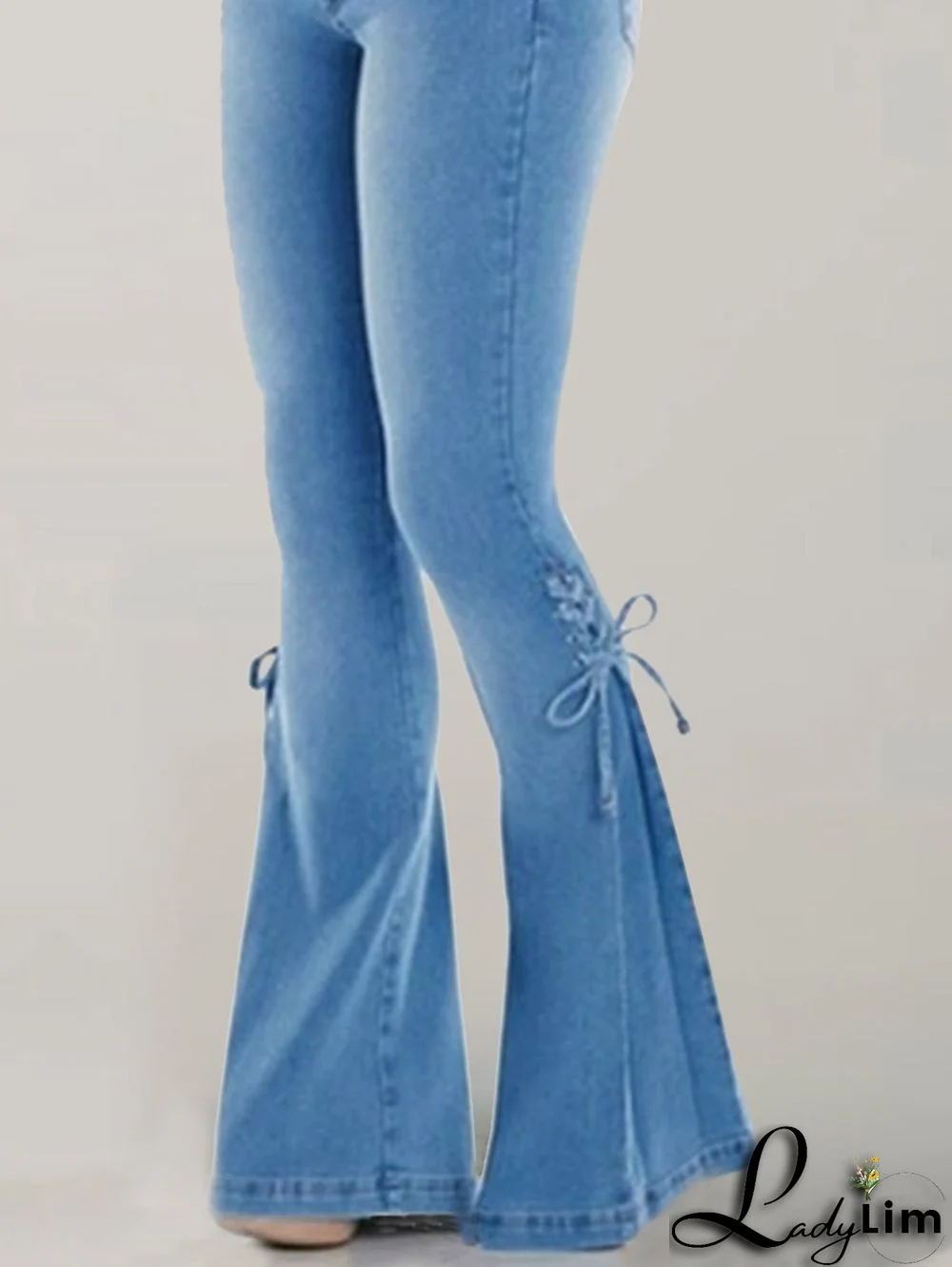 Fashion Plain Flare Leg Lace-Up Denim Slim Fit Pants