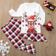 Family Matching Lovely Reindeer Wearing Christmas Hat Buffalo Plaid Pajamas Sets