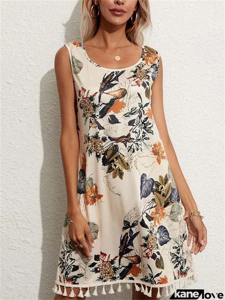 Vintage Print Loose Sleeveless Tassel Hem Trendy Dress for Lady