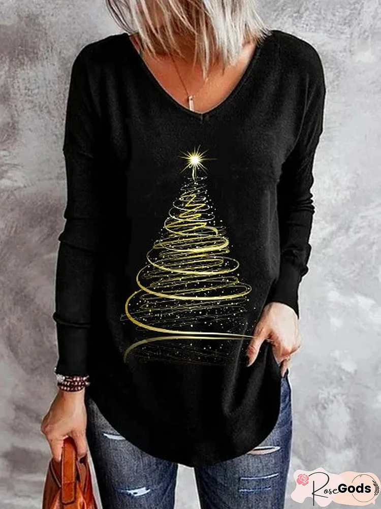 The Christmas Tree Casual V Neck Tops