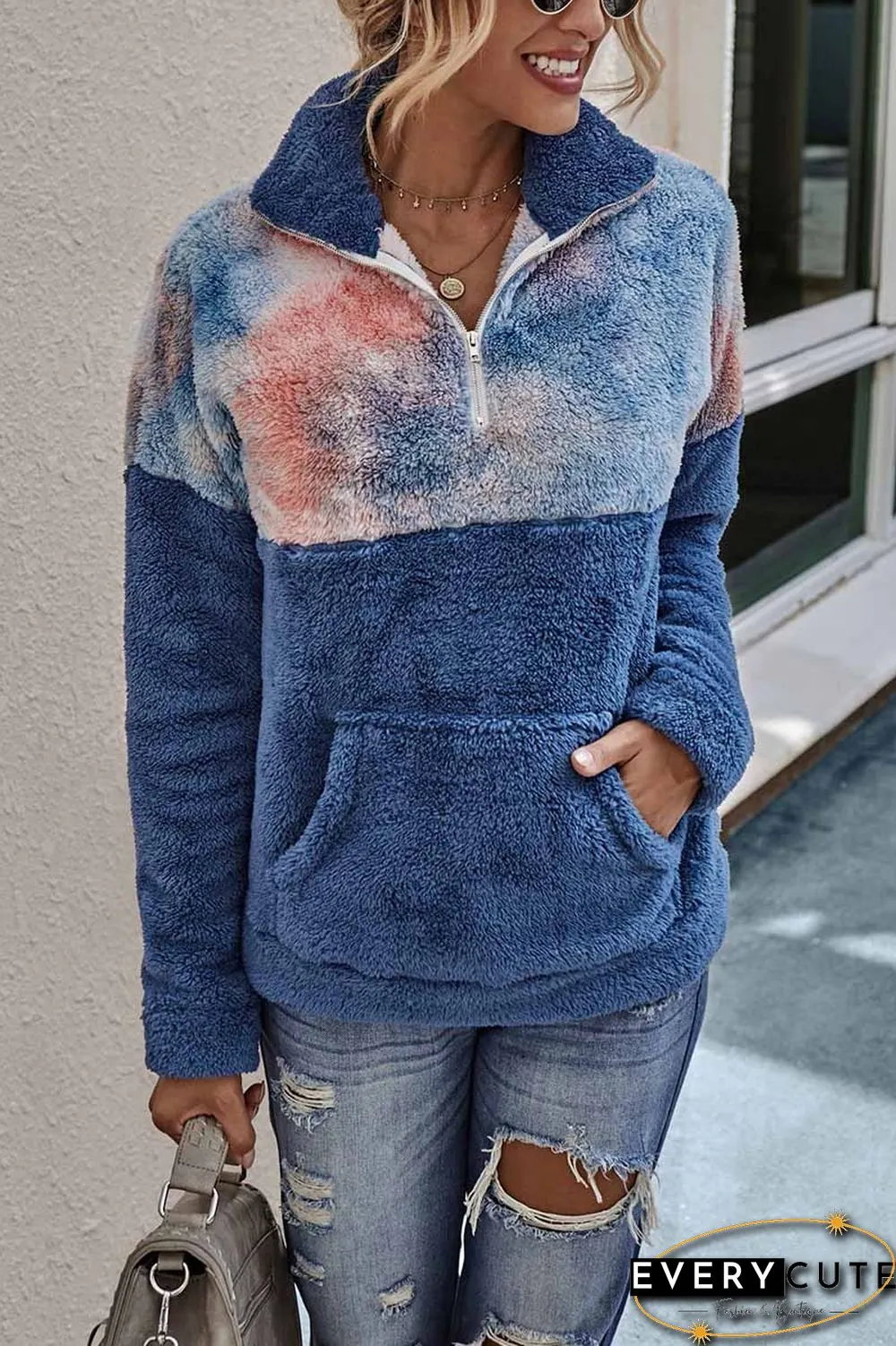 Tie-Dye Stitching Plush Top With Pockets