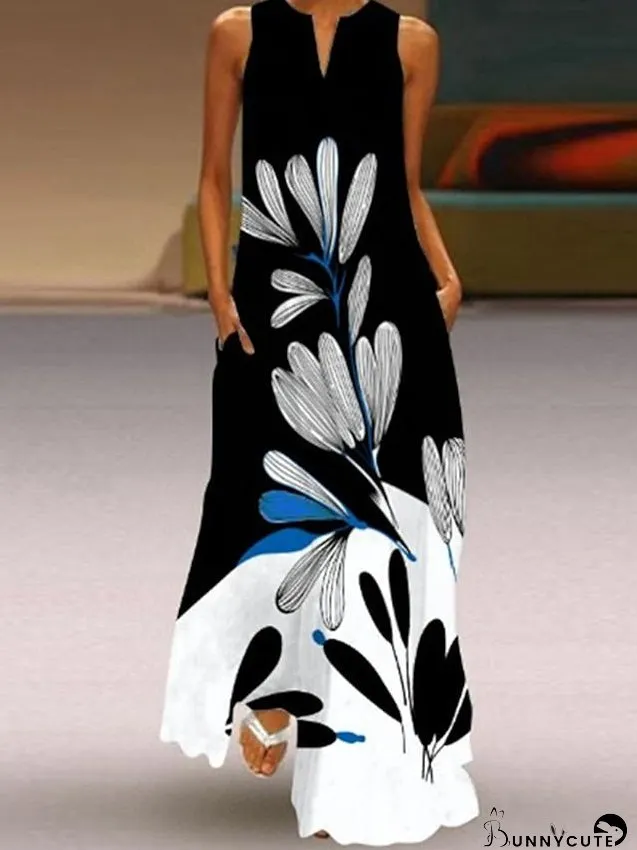 A Line Dress Maxi long Dress Black Sleeveless Floral Leopard Print Summer V Neck Stylish 5XL for Women