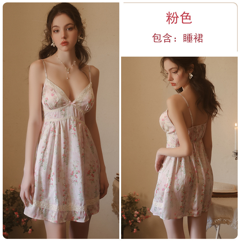 Lovingerie - Floral Lace Deep V Trim Satin Dress