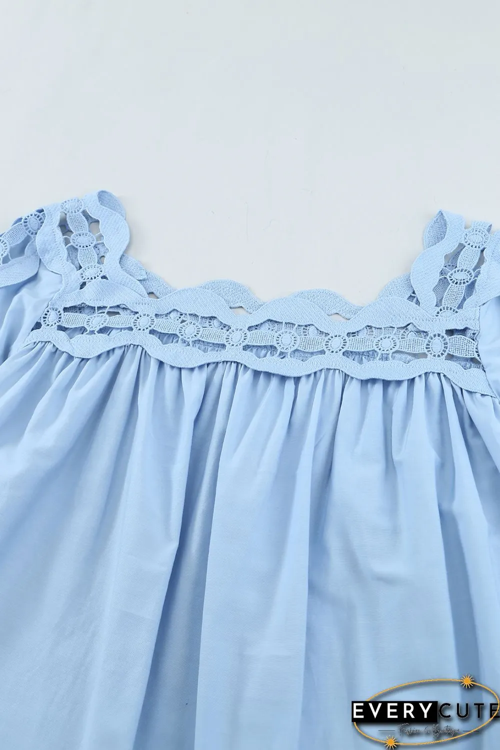 Sky Blue Crochet Trim Hollow-out Blouse