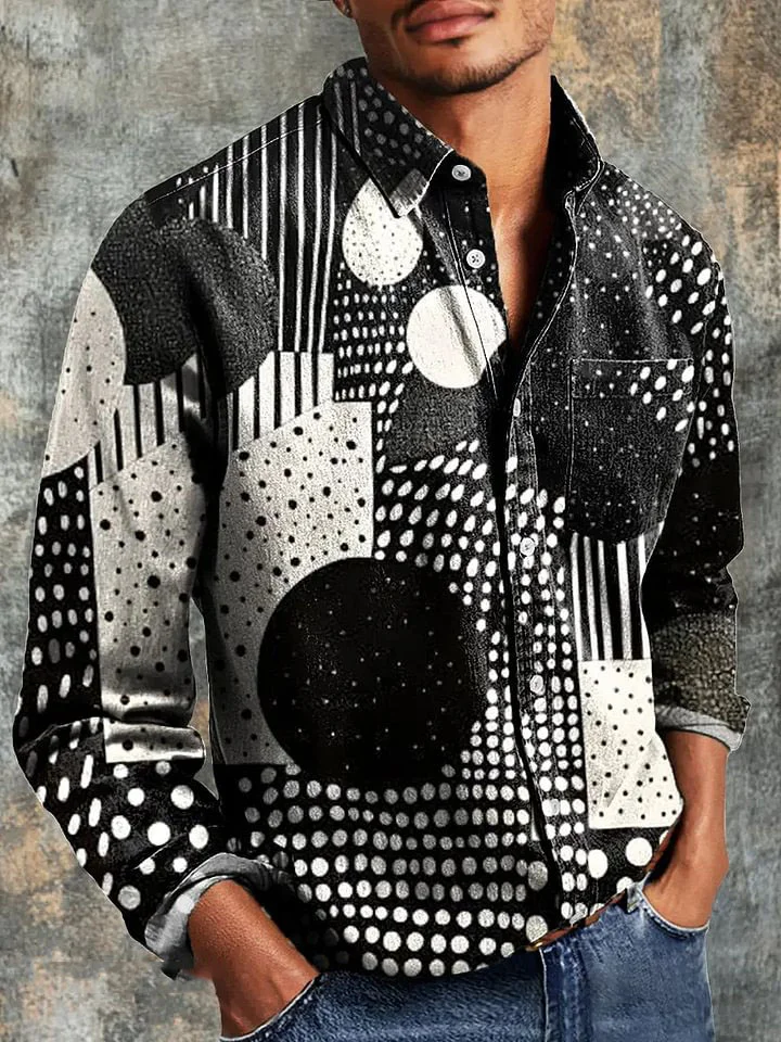 Men's Vintage Line Dot Art Print Long Sleeve Pocket Shirt