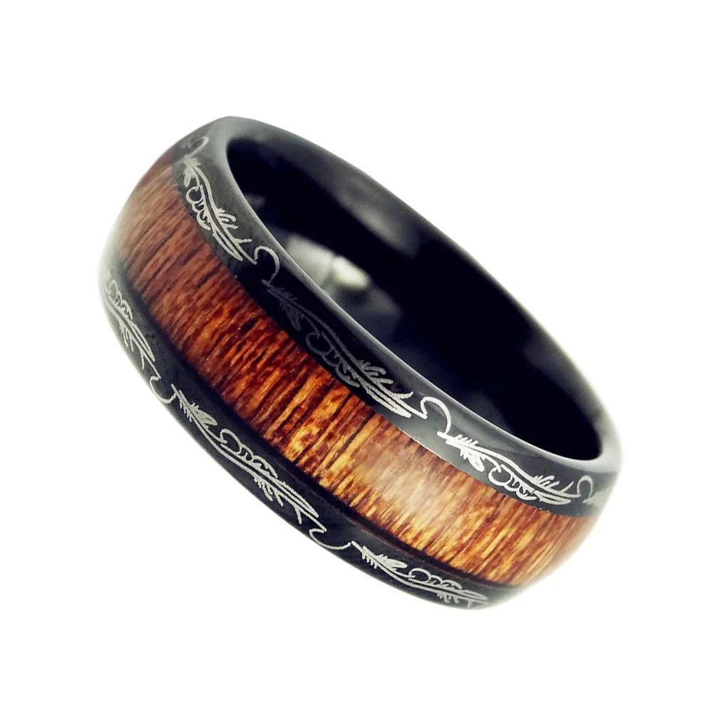 8MM Mens Black Laser Polished Edge Tungsten Rings Wood Inlay