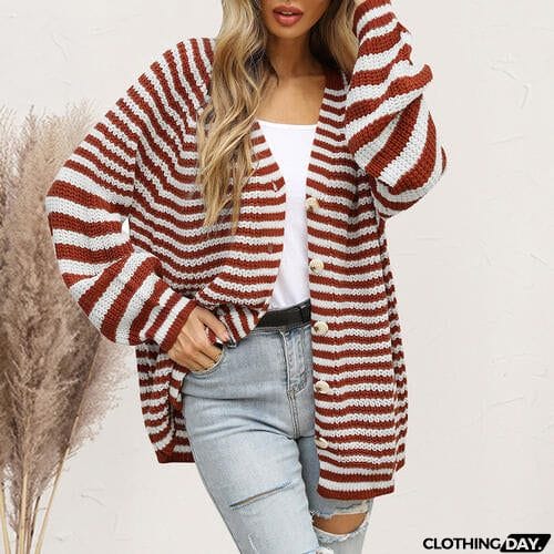 Striped Button Down Long Sleeve Cardigan