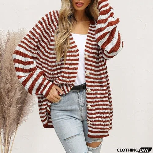 Striped Button Down Long Sleeve Cardigan